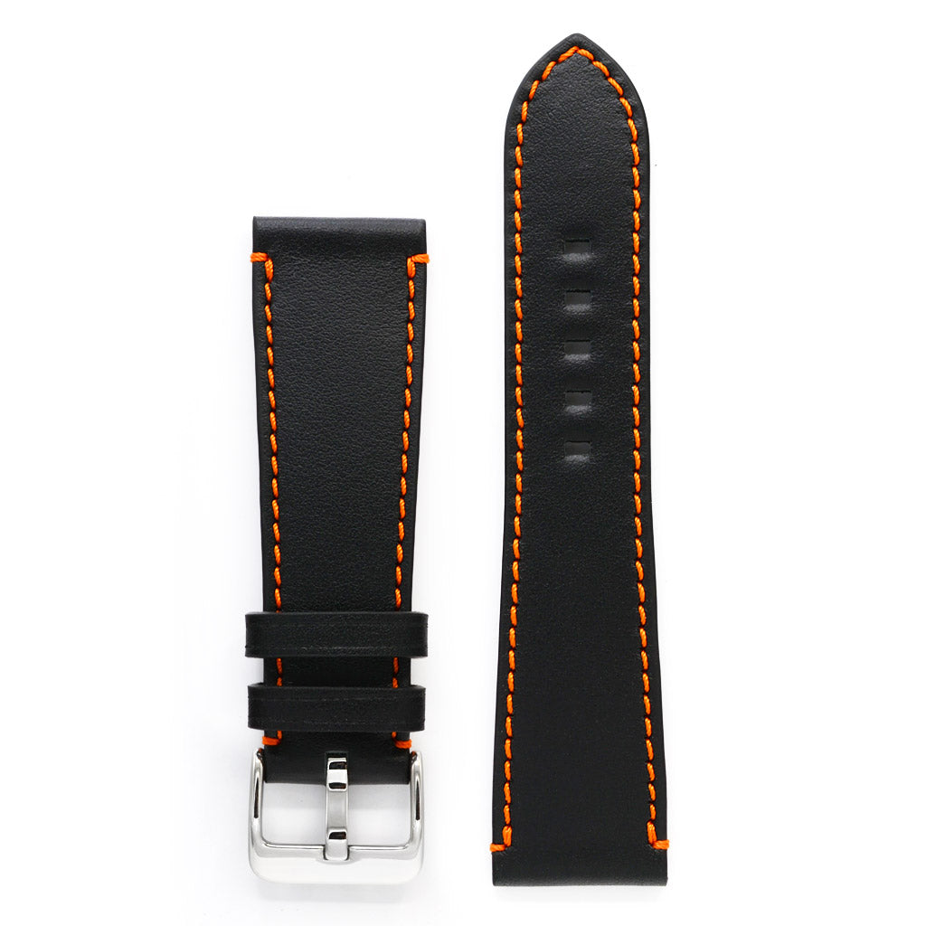 Full-Grain Leather Watch Strap, Black with Orange Sewing, Medium Length