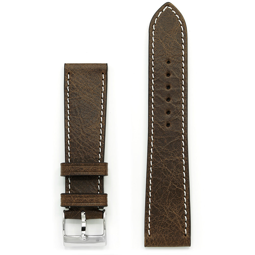 Handmade Strap, Antique Brown Leather, White Sewing, Medium Length