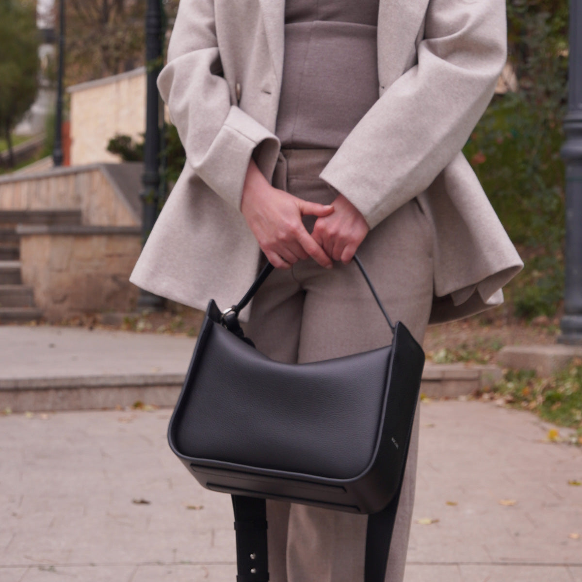 Toujours Maxi Bag, Textured Leather, Black &amp; Red Accents