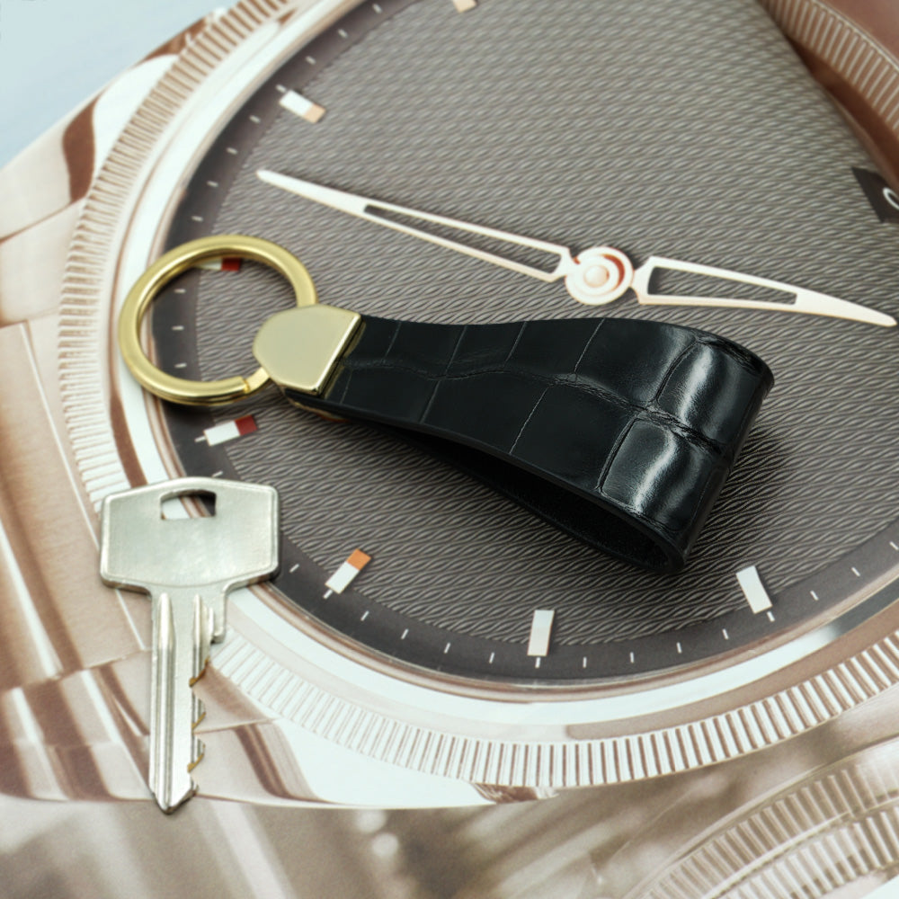 Black Leather Keychain with Crocodile Print, Red Contrast