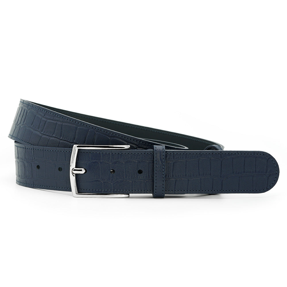 Navy Blue, Crocodile Print, Solid Leather Belt for Jeans