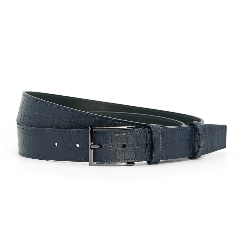 Navy Blue Leather Belt with Crocodile Print, Casual-Elegant, Chrome Smoke Buckle