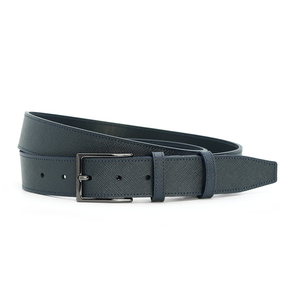 Elegant Italian Saffiano Leather Belt, Navy Blue with Dark Chrome Buckle