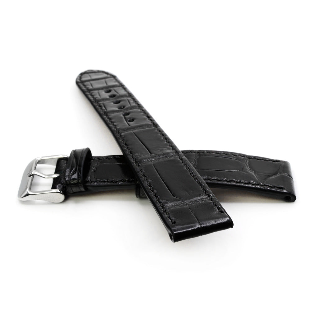 Black Alligator Leather Watch Strap with Rectangular Scales, Hand Stitched