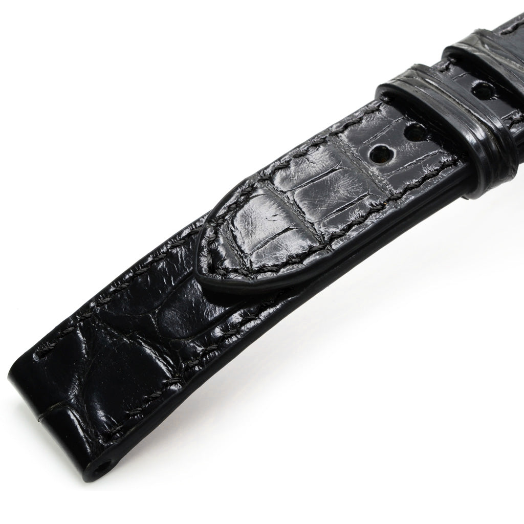 Black Alligator Leather Watch Strap with Rectangular Scales, Hand Stitched