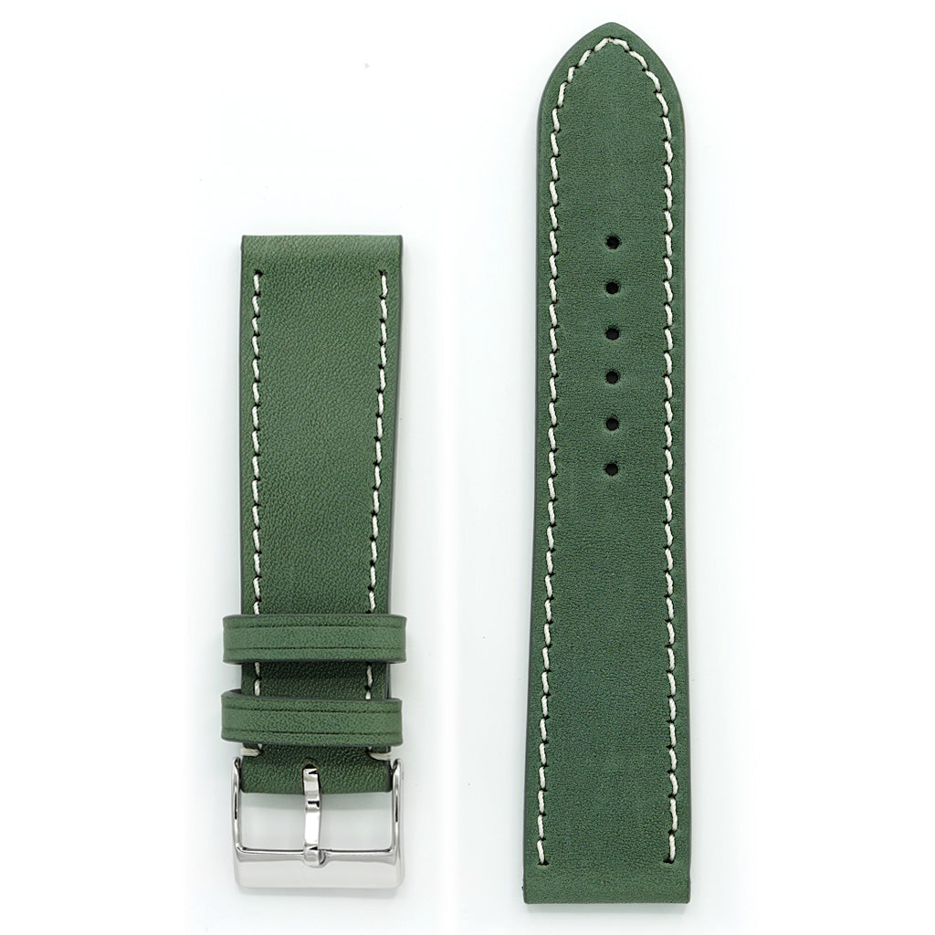 Watch Band, Full-Grain Leather Green with Ivory Stitch, Medium Length