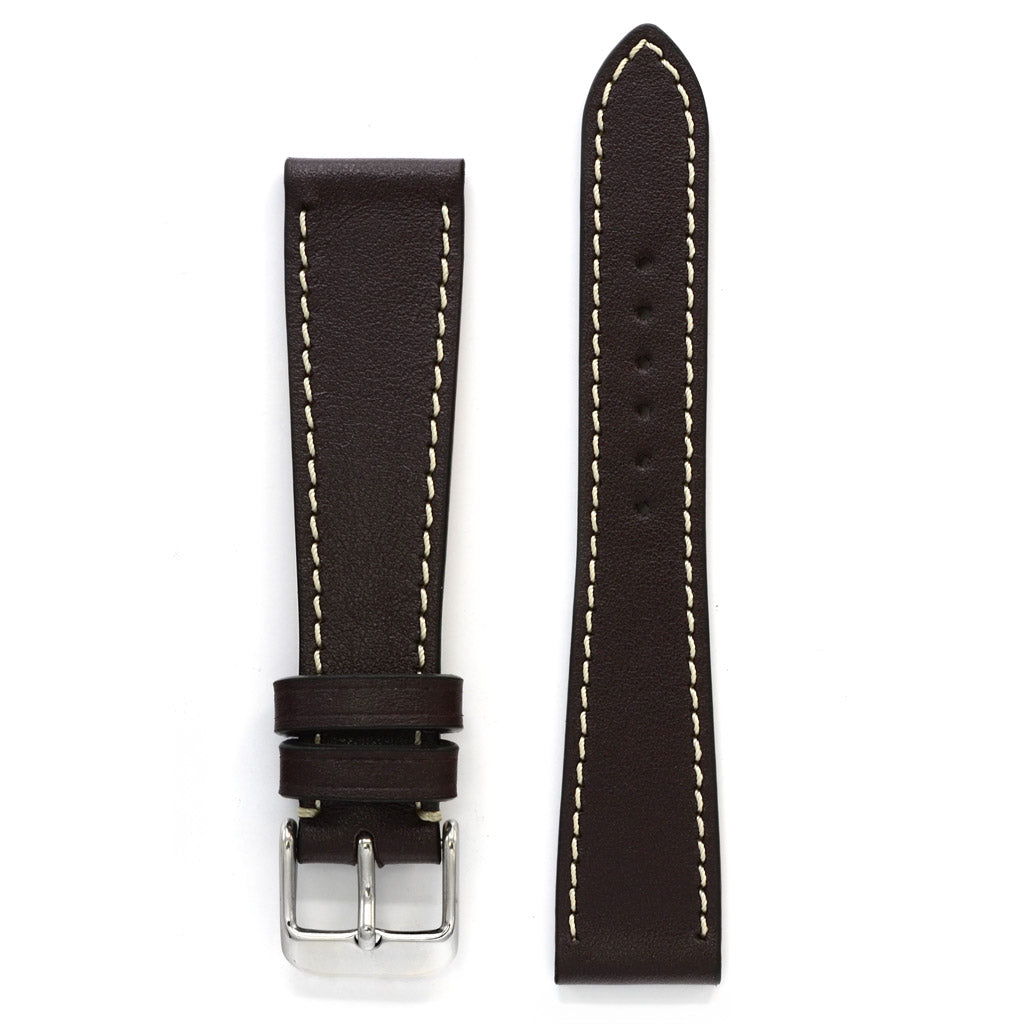 Full-Grain Leather Watch Strap, Dark Brown, White Stitch, Medium Length