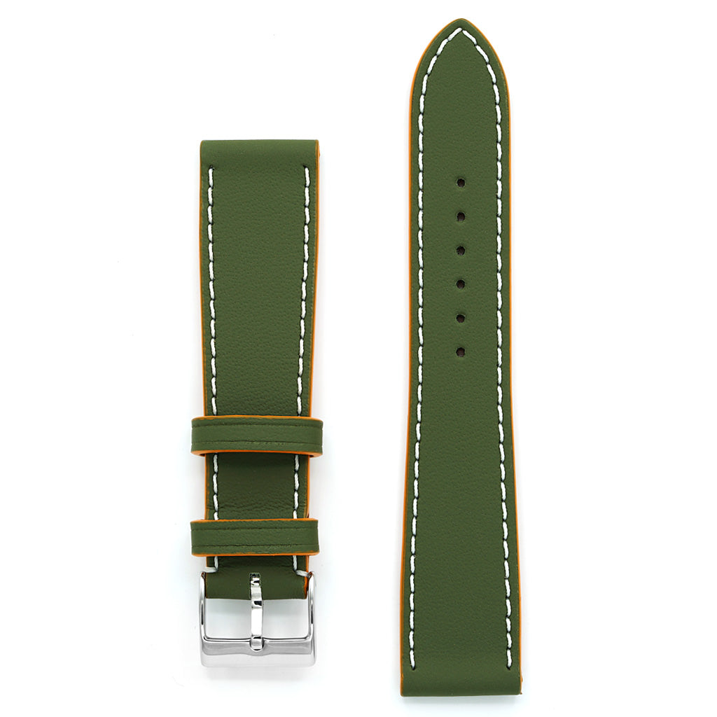 Watch Strap, LeMans Collection, Military Green Leather, Orange Contrast