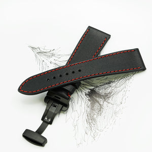 Handmade Watch Strap, Black Leather & Red Sewing, Medium Length