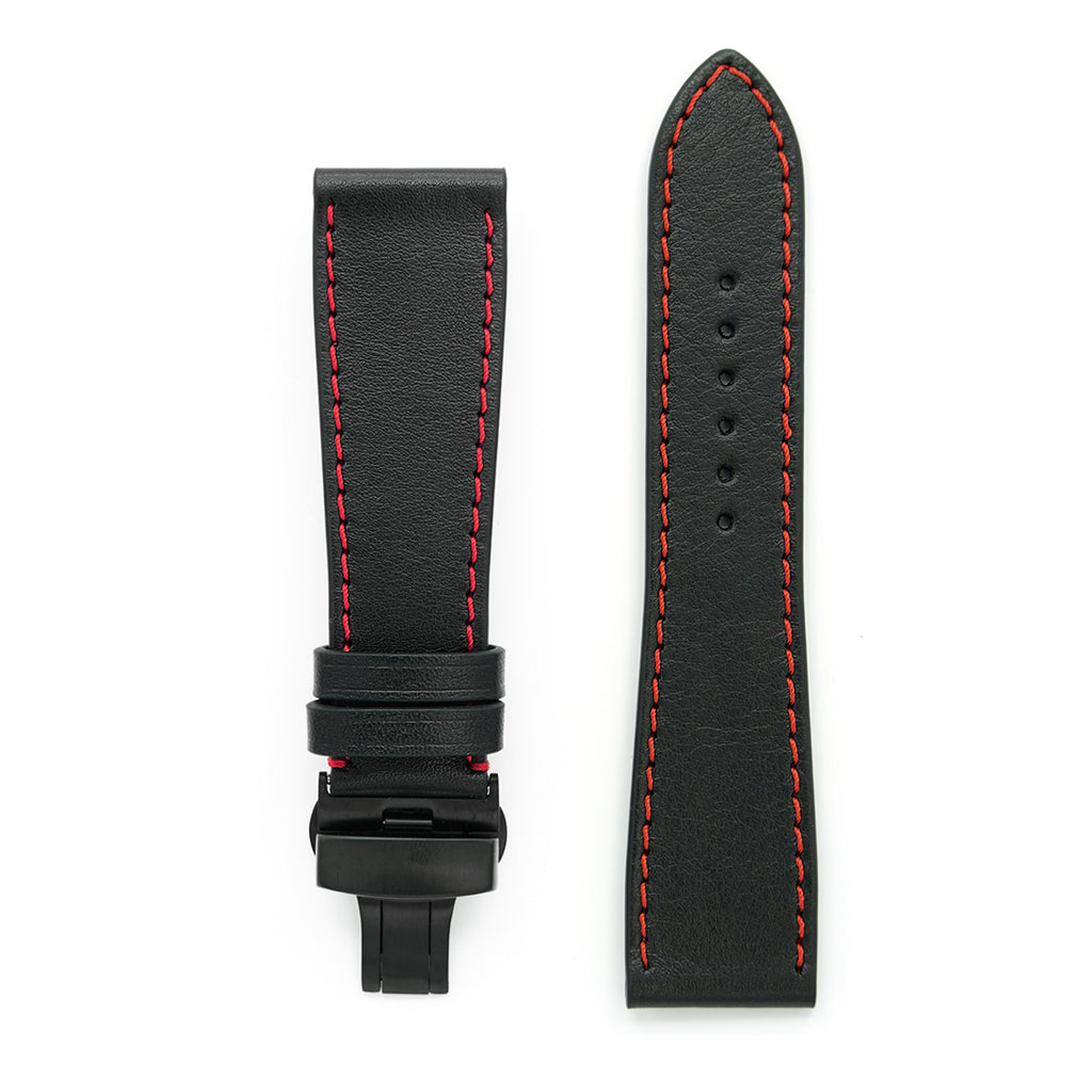 Watch Band, Full Grain Leather, Black with Red Sewing, Deployment Buckle
