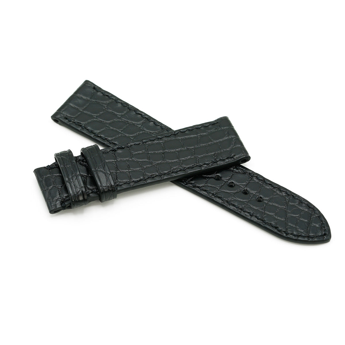 Alligator Leather Watch Strap, Round Scales, Semi-Matte Black, Hand Stitched