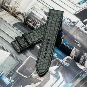 Alligator Leather Watch Strap, Round Scales, Semi-Matte Black, Hand Stitched