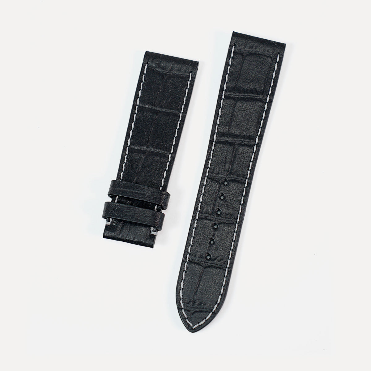 Leather Watch Strap, Matte Black, Crocodile Print, White Stitch