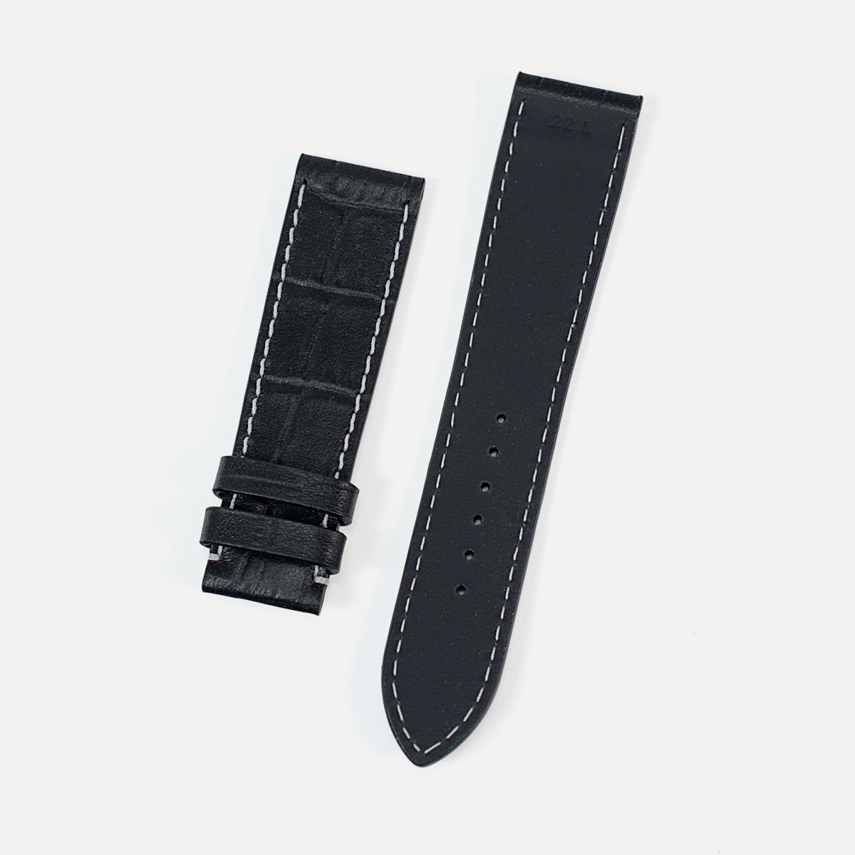 Leather Watch Strap, Matte Black, Crocodile Print, White Stitch