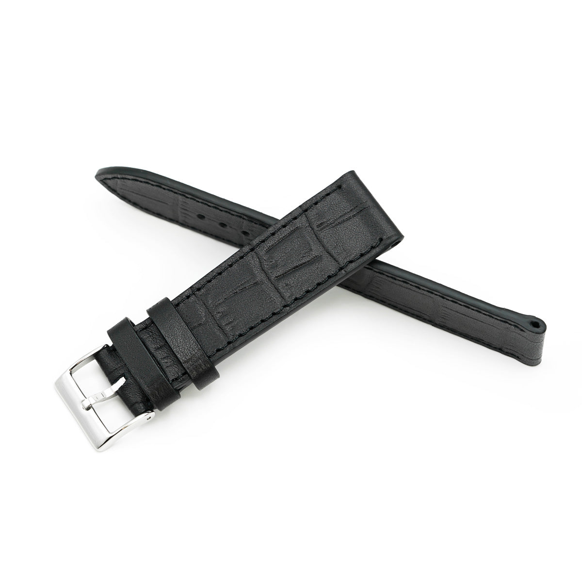 Leather Watch Strap, Matte Black, Crocodile Print, White Stitch