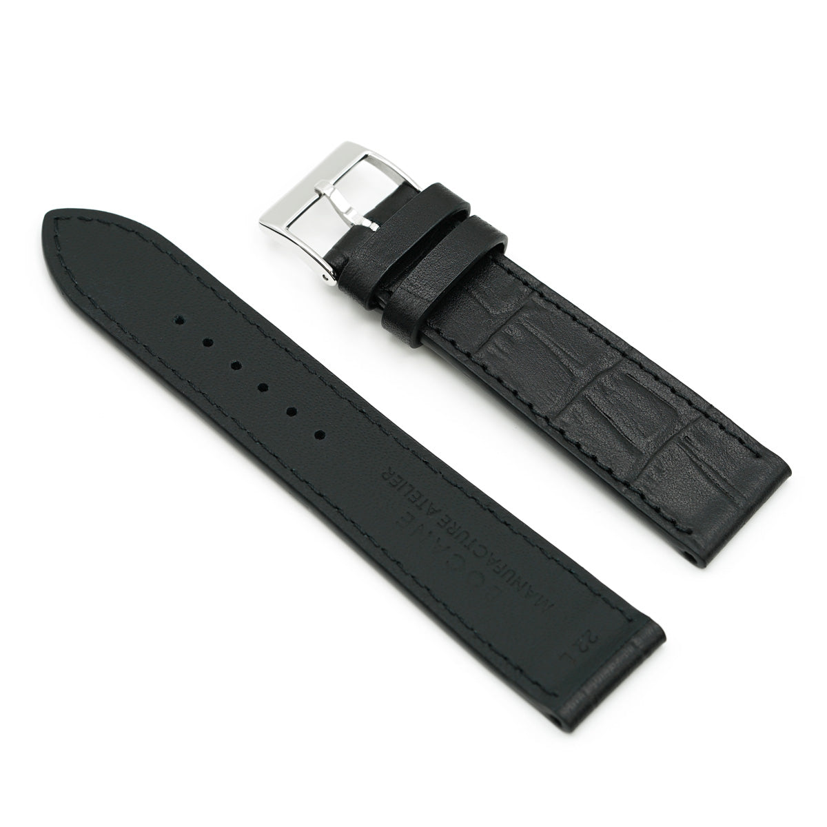 Leather Watch Strap, Matte Black, Crocodile Print, White Stitch