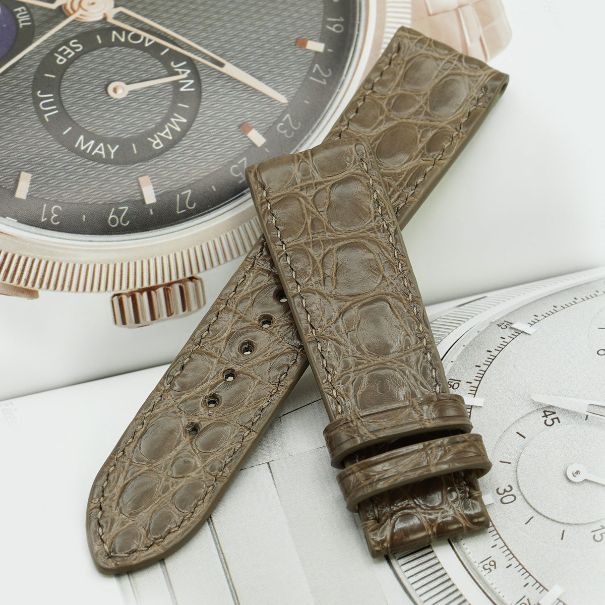 Watch Strap, Alligator Round Scales, Glossy Sand, Hand Stitched