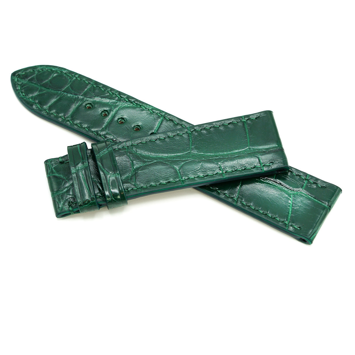 Green Alligator Leather Watch Strap with Rectangular Scales, Hand Stitched