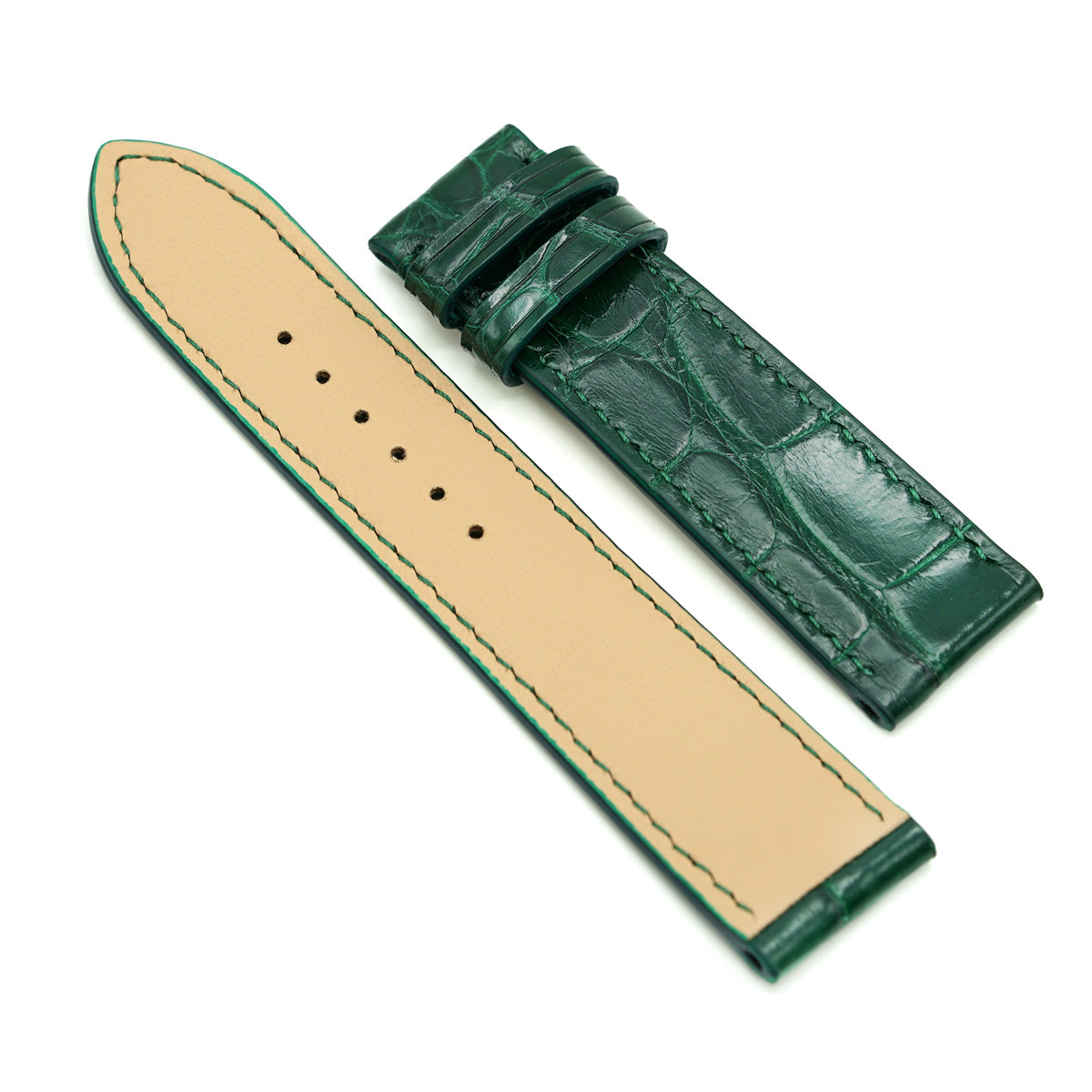 Green Alligator Leather Watch Strap with Rectangular Scales, Hand Stitched