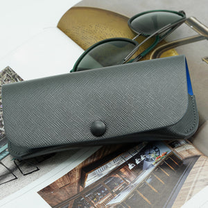 Saffiano Leather Glasses Case, Gray with Blue Accents