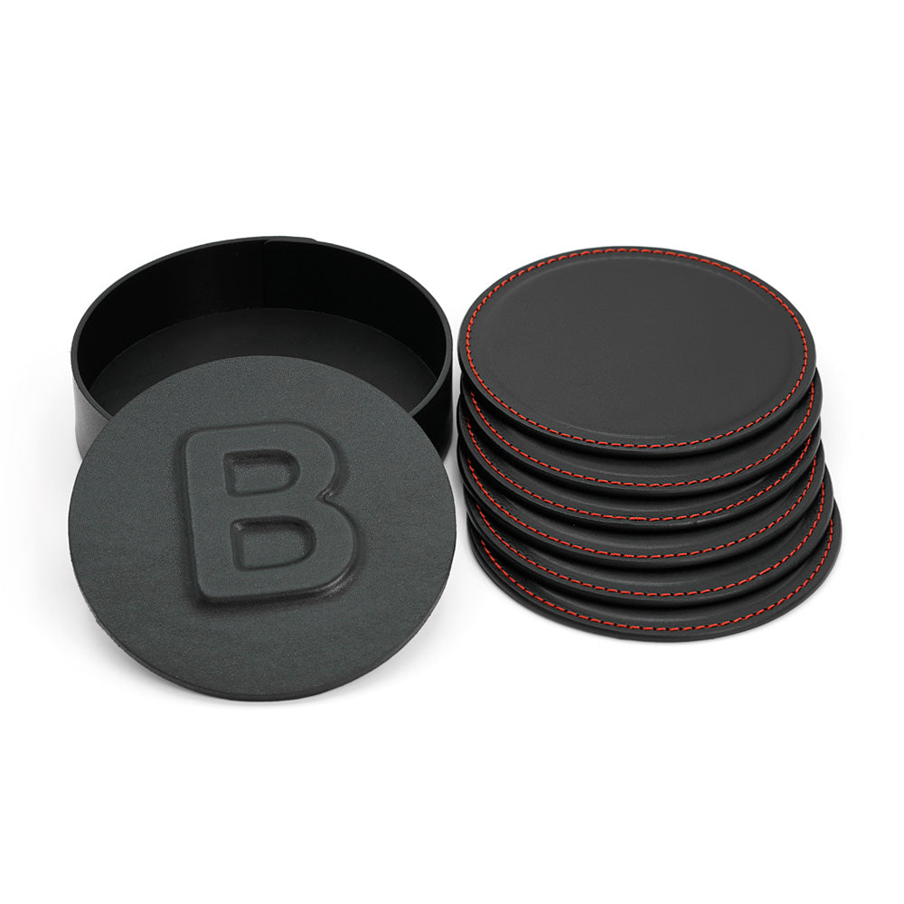 Set of 6 Cup Holders in a Box, made of Black Full-Grain Leather, Red Stitching