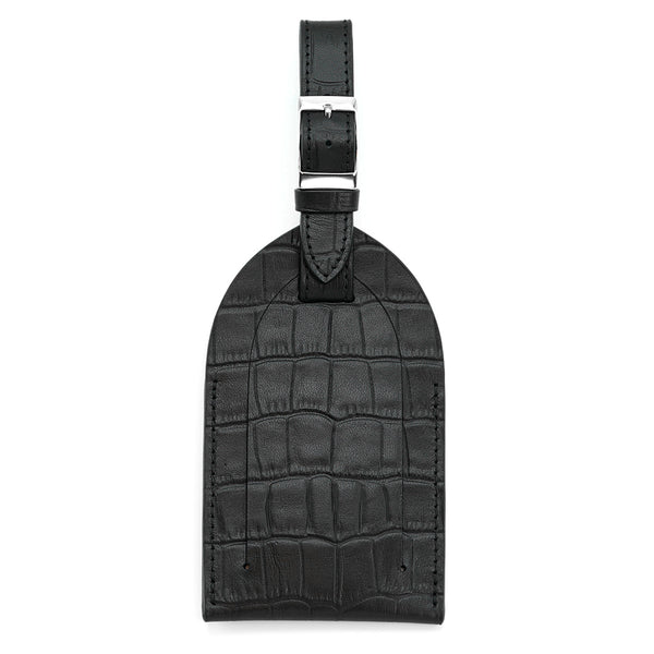 Black Full Grain Leather Luggage Tag with Crocodile Print
