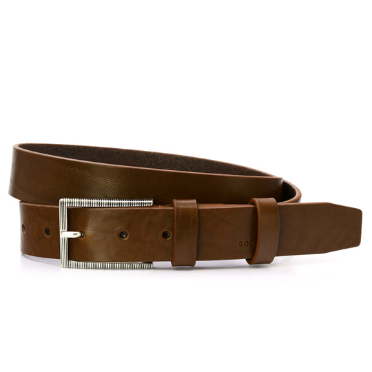 Tobacco Leather Belt, Casual Collection, Striped Buckle