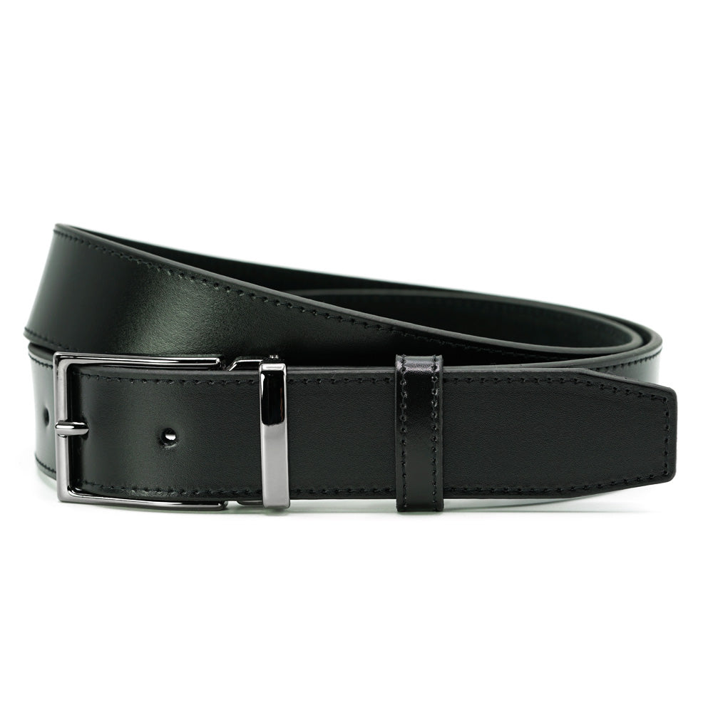 Black Leather Belt, Casual-Elegant, Chrome Smoke Buckle