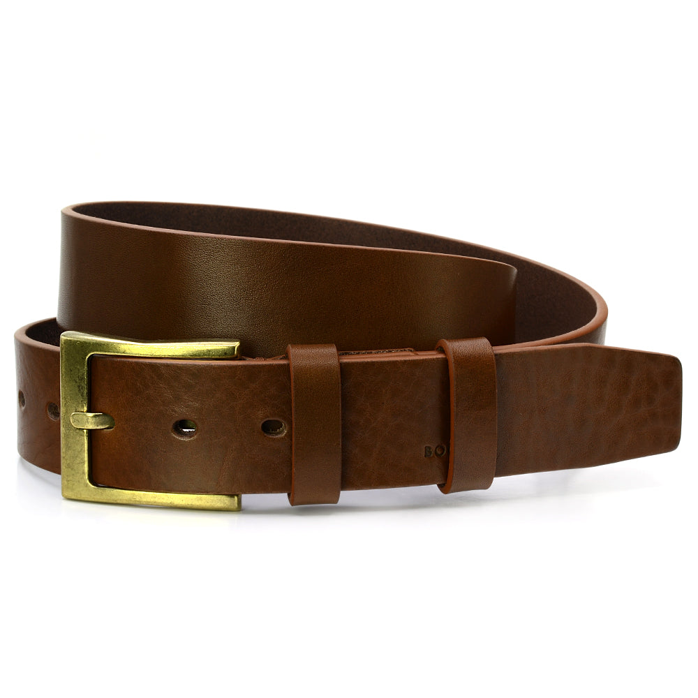 Tobacco Brown Solid Leather Belt for Jeans, Brass Color Buckle