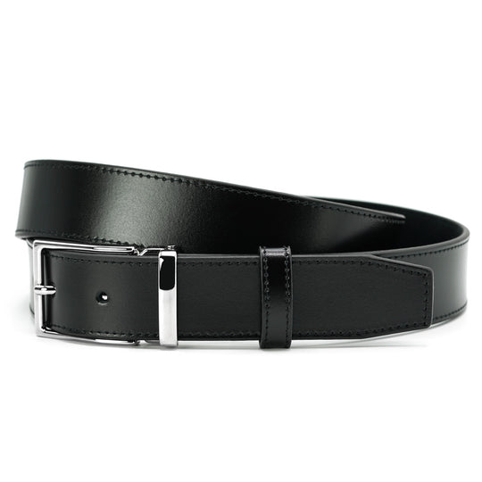 Black Leather Belt, Casual-Elegant, Chrome Buckle