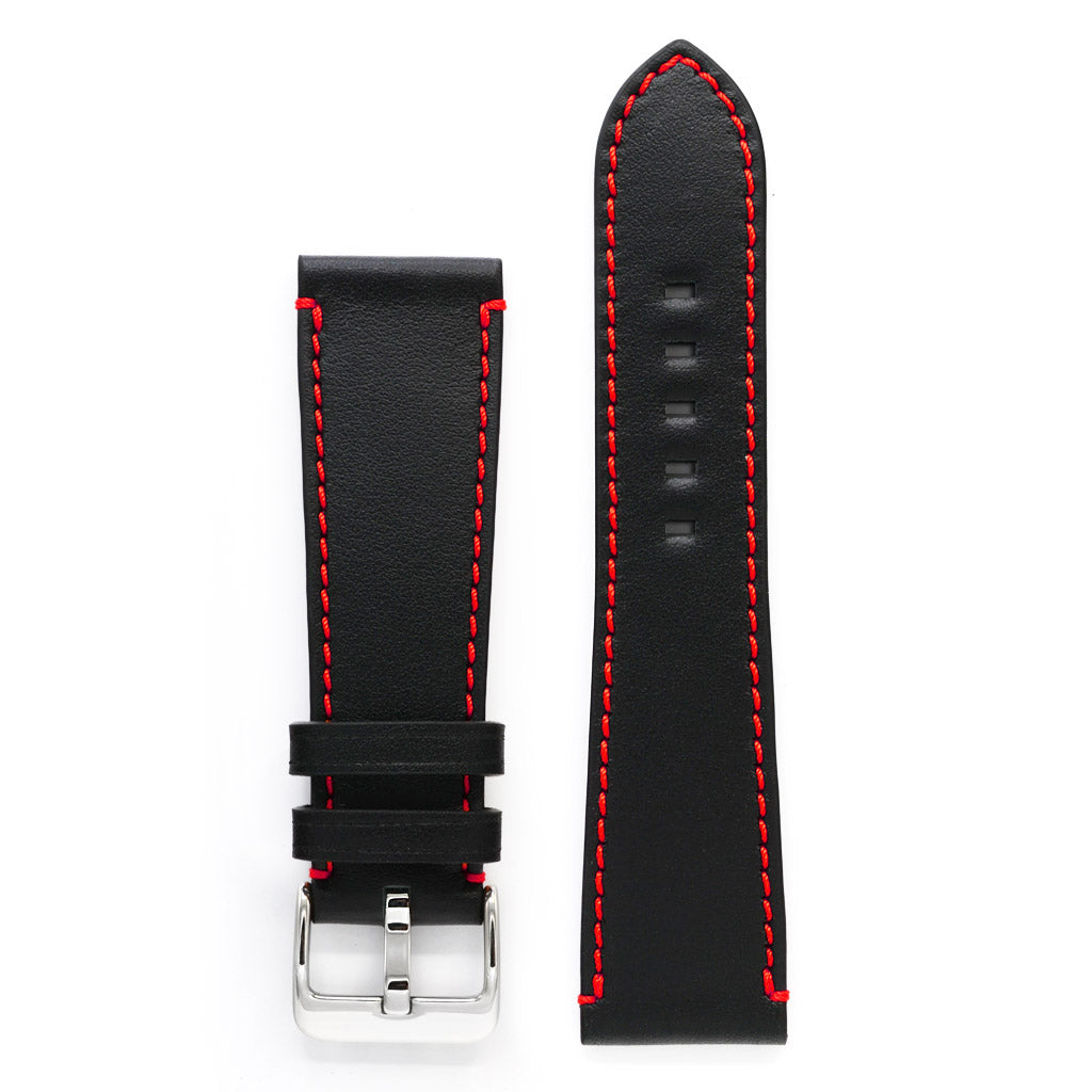 Watch Band, Full Grain Leather, Black with Red Sewing, Medium Length