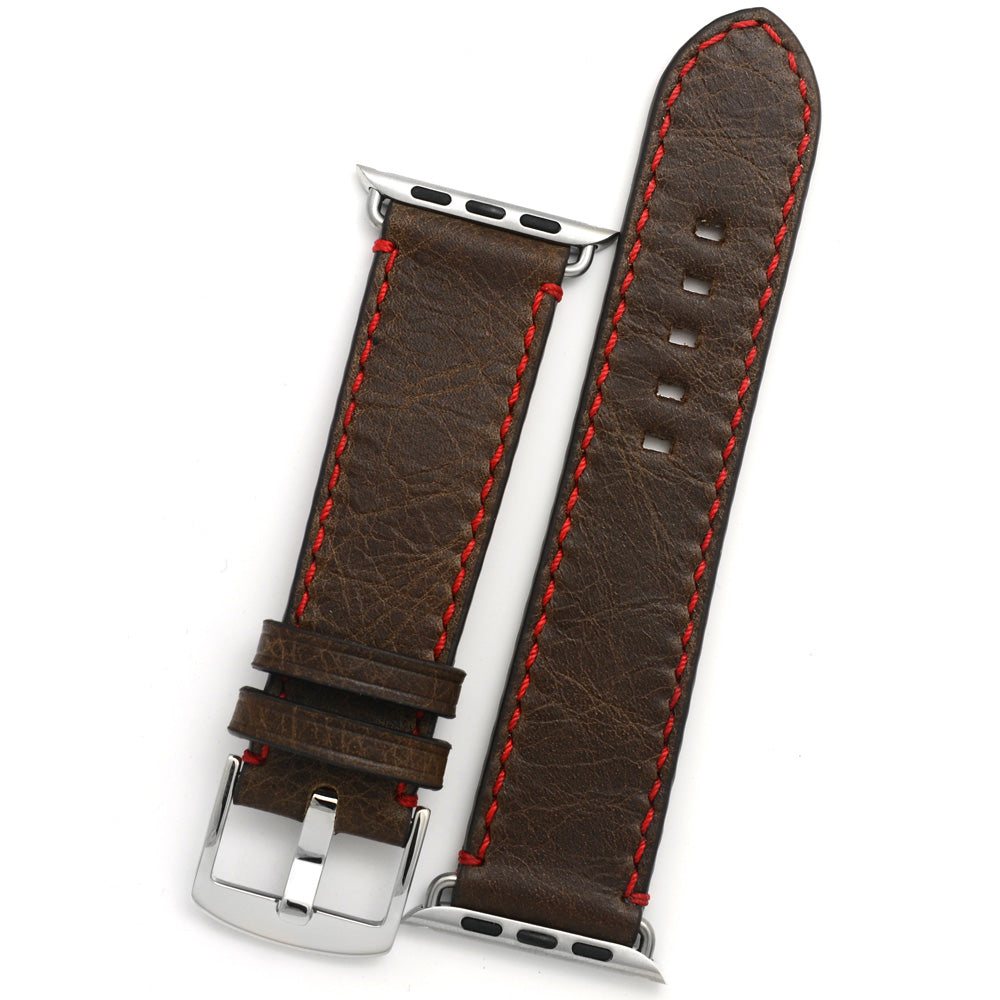 Apple Watch Leather Strap, Antique Brown, Red Sewing, Medium Length