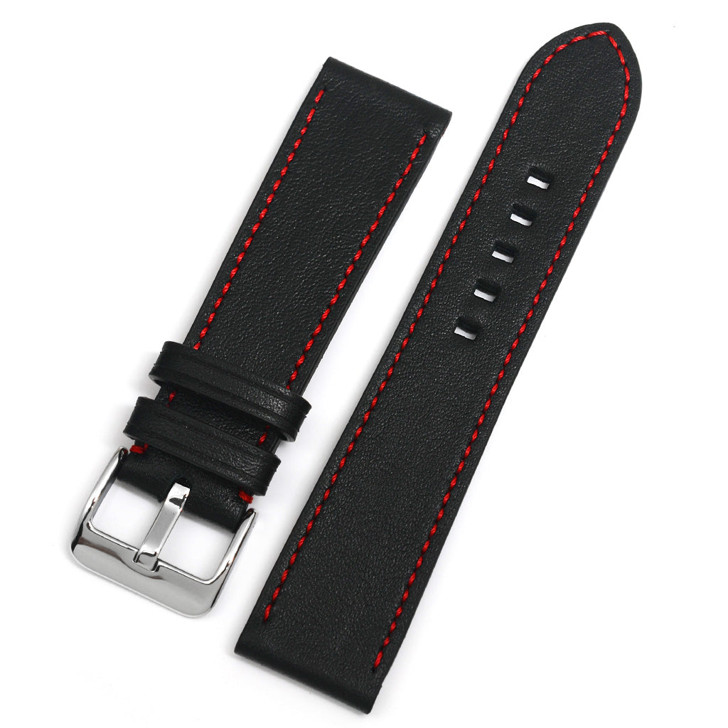 Handmade Watch Strap, Black Leather & Red Sewing, Medium Length