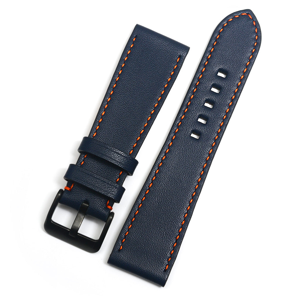 Blue Leather Watch Band, Full-Grain Navy Blue, Orange Stitch, Medium Length