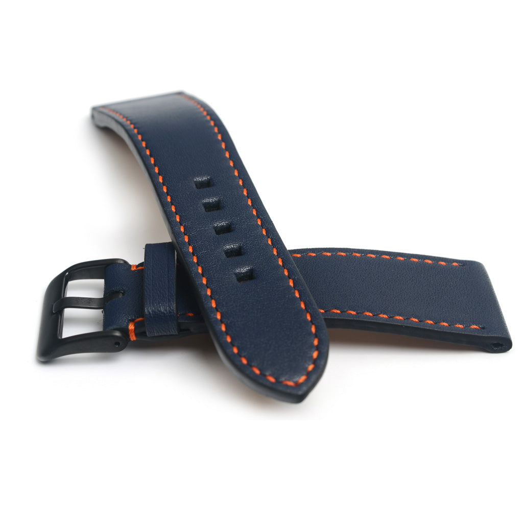 Curea de Ceas din Piele Albastru Navy, Contrast Oranj, Lungime Medie