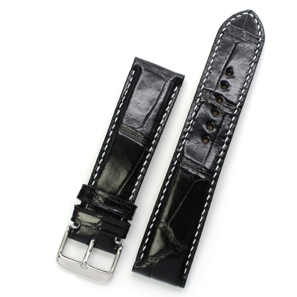 Padded Alligator Watch Strap, Black Square Scales, Round Holes, White Handsewing, MADE-TO-ORDER