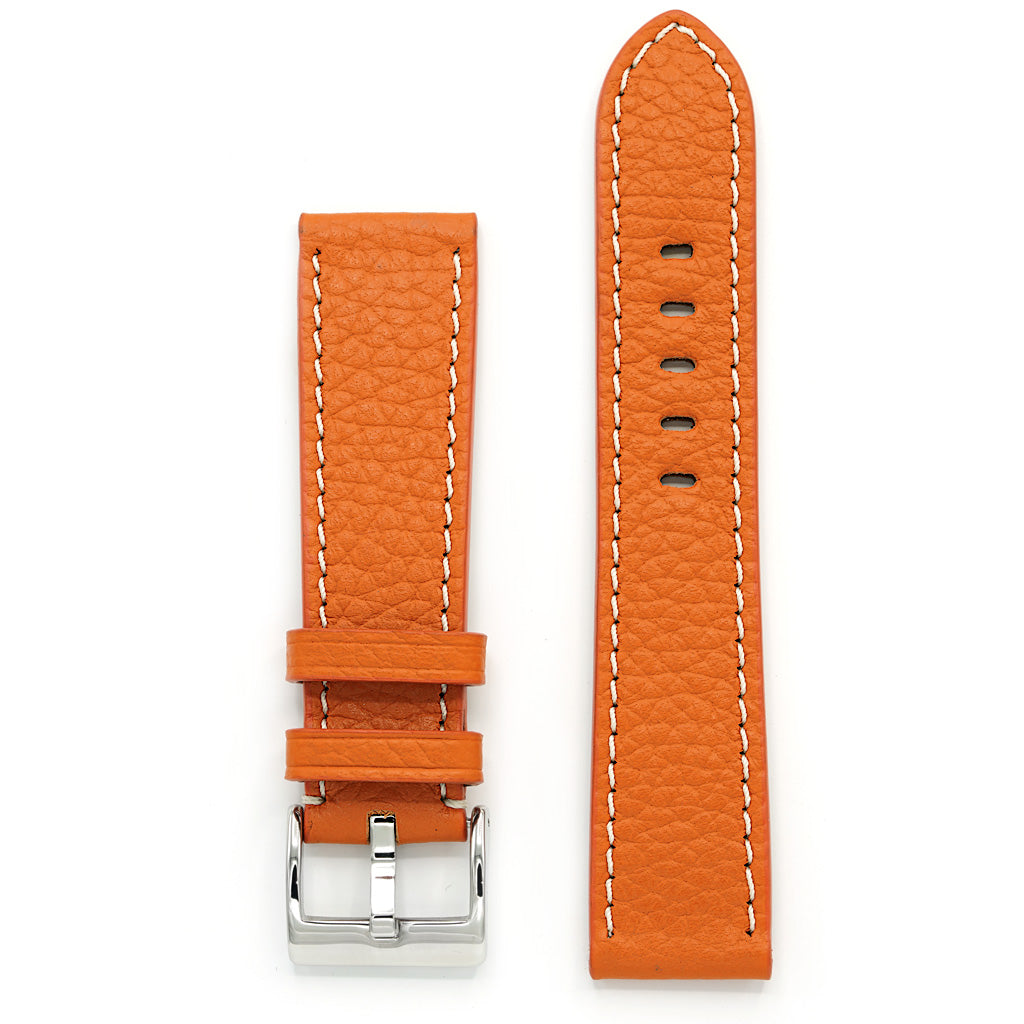 Handmade Orange Strap, Pebbled Leather, Orange, White Stitch, Medium Length