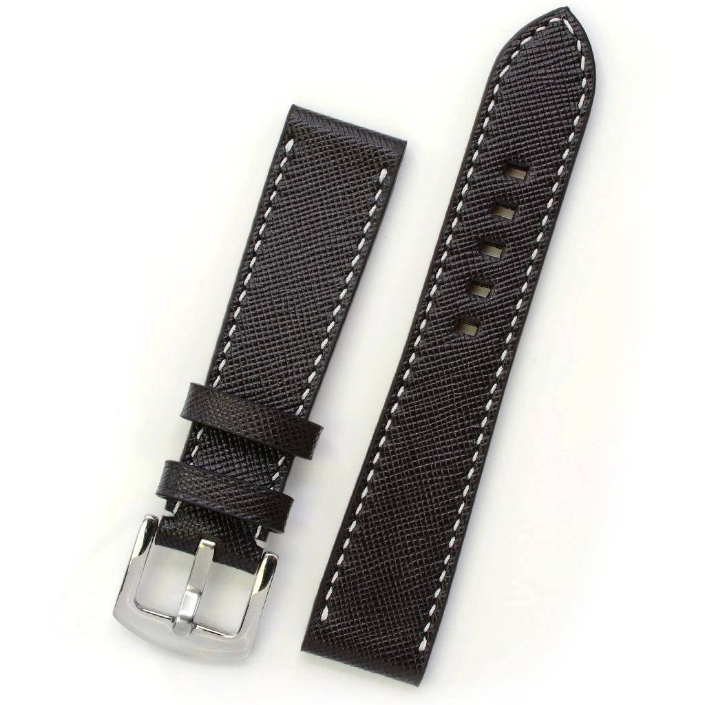 Brown Saffiano Leather Watch Band, White Stitch, Medium Length