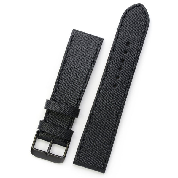 Black Saffiano Leather Strap, Handmade & Hand Sewn, Medium Length