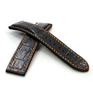 Curea pentru Omega din Piele de Aligator Neagra, Captusita cu Piele de Aligator, Contrast Oranj, pentru Deployant