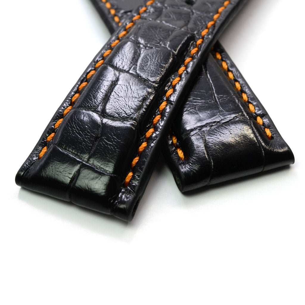 Curea pentru Omega din Piele de Aligator Neagra, Captusita cu Piele de Aligator, Contrast Oranj, pentru Deployant