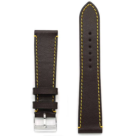 Watch Band, Full-Grain Dark Brown Leather, Yellow Stitch, Medium Length