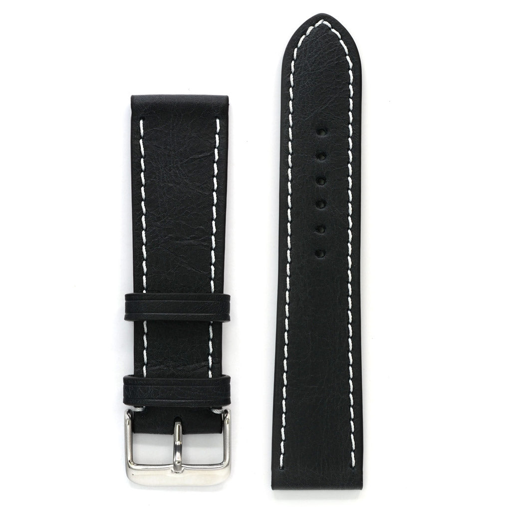 Leather Watch Strap, Antique Black, Contrast Sewing, Medium Length