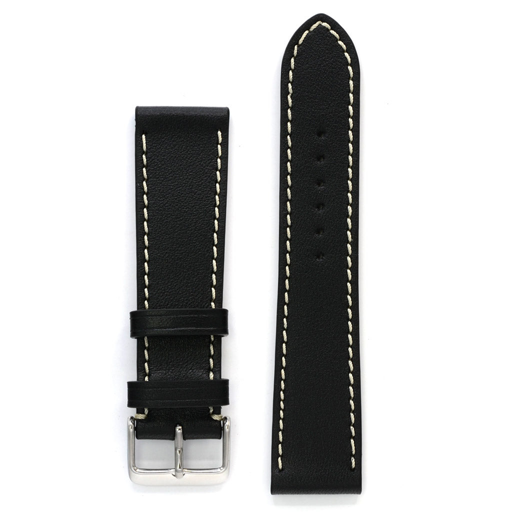 Black Full Grain Leather Watch Band, Off-White Stitch, Medium Length