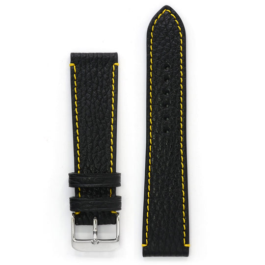 Watch Band, Black Pebbled Leather & Yellow Stitch, Medium Length