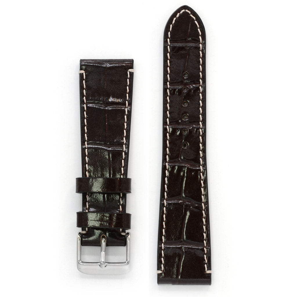 Leather Strap, Coffee Brown Crocodile Grain, Contrast Sewing, Medium Length
