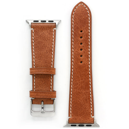 Watch Strap for Apple Watch in Antique Cognac Leather, Beige Stitching, Medium Length