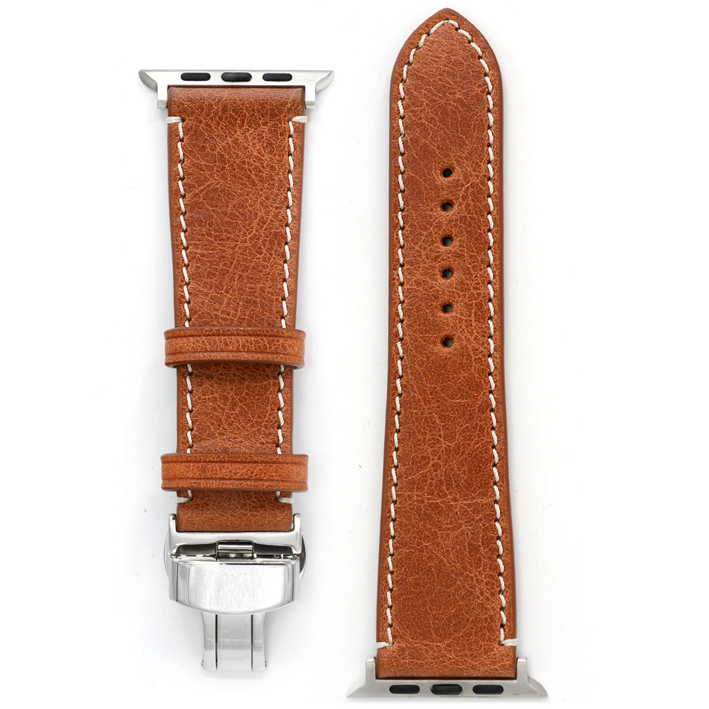 Apple Watch Band in Cognac Antique Leather, Deployment Buckle, Medium Length
