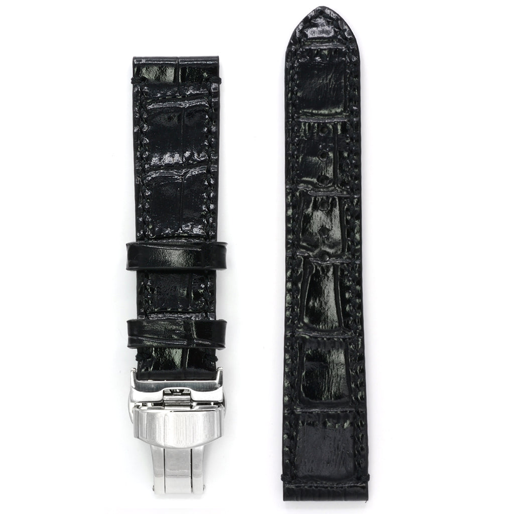 Leather Watch Strap, Black, Crocodile Print, Deployment Buckle, Medium Length