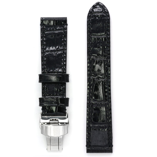 Crocodile Print Leather Watch Strap, Deployment Buckle, Black, Medium Length